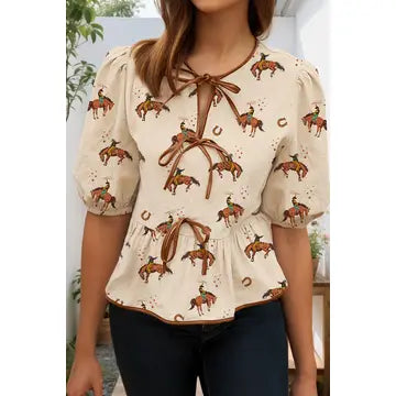 Cowboy Puff Sleeve Bowknot