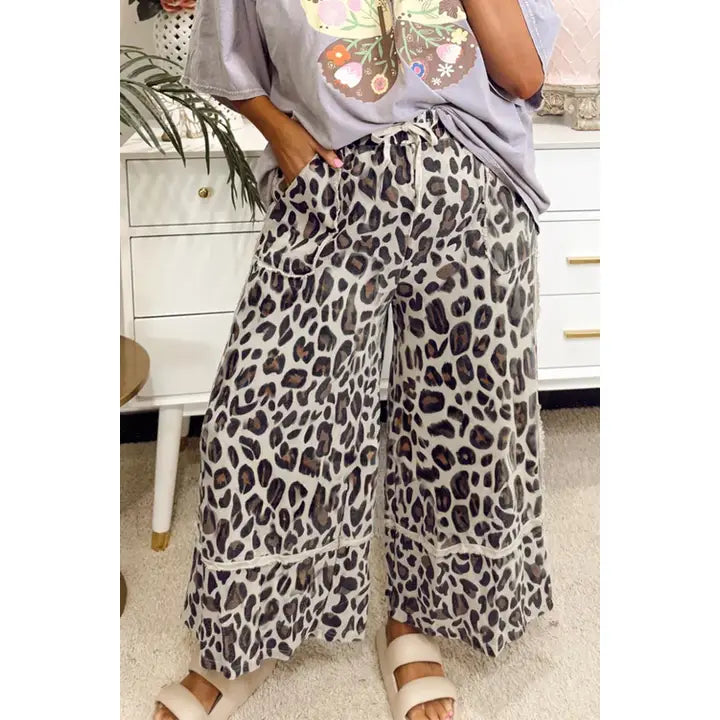 Khaki Leopard Wide Leg Cropped Pants