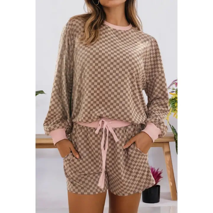 Checkered Print Top Drawstring Shorts Lounge Set