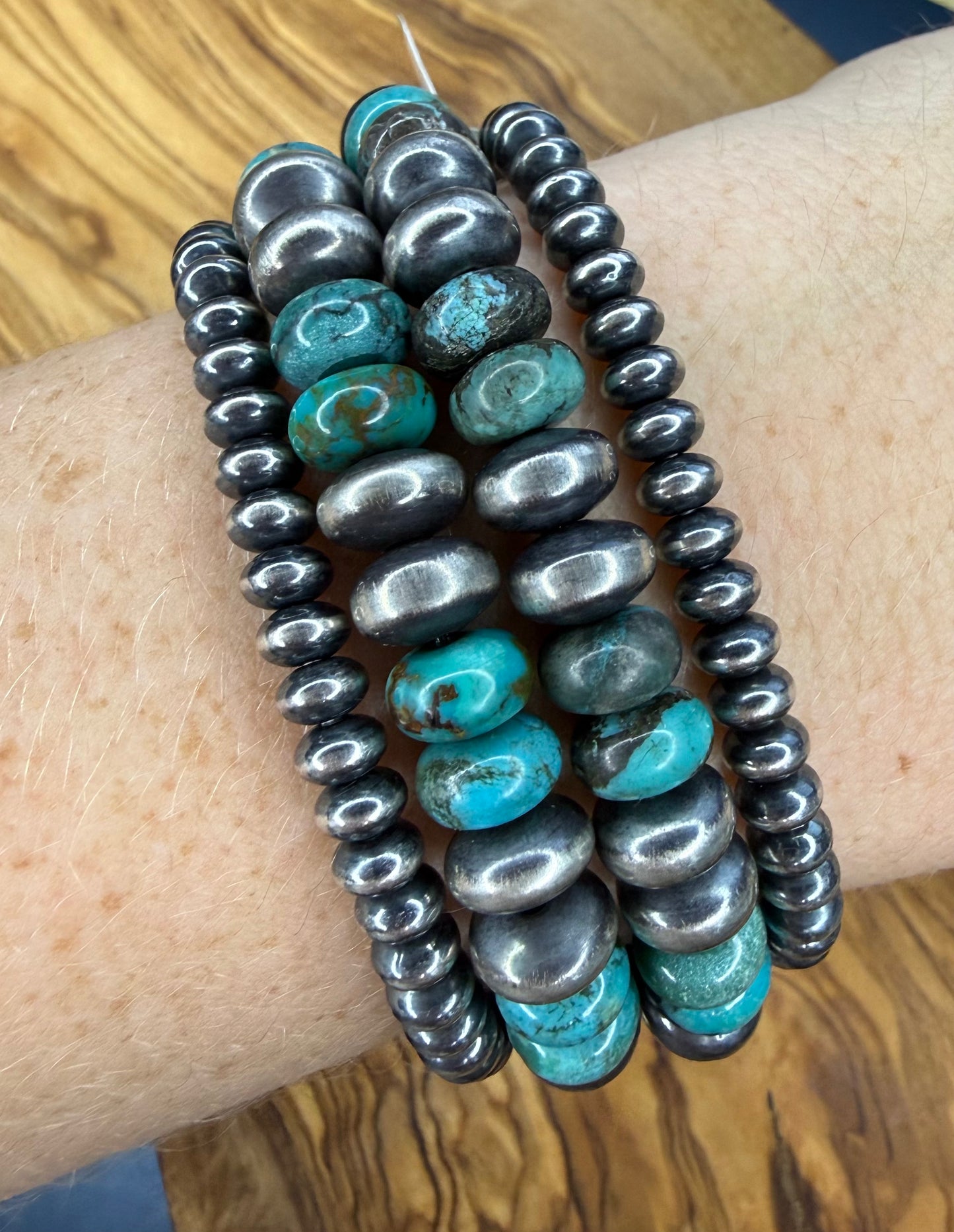 Turquoise Duo and Navajo Pearl Saucer Stretch Bracelet
