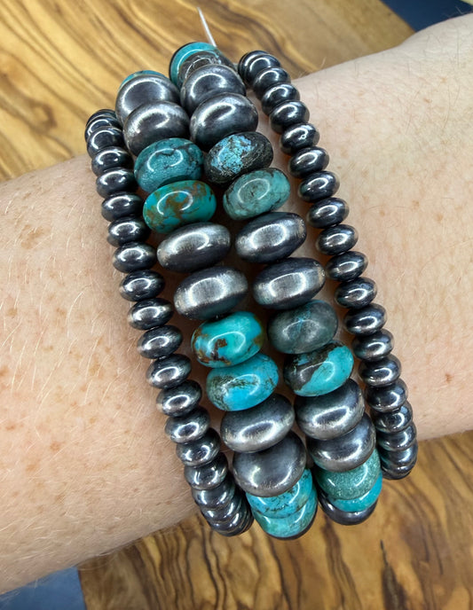 Turquoise Duo and Navajo Pearl Saucer Stretch Bracelet