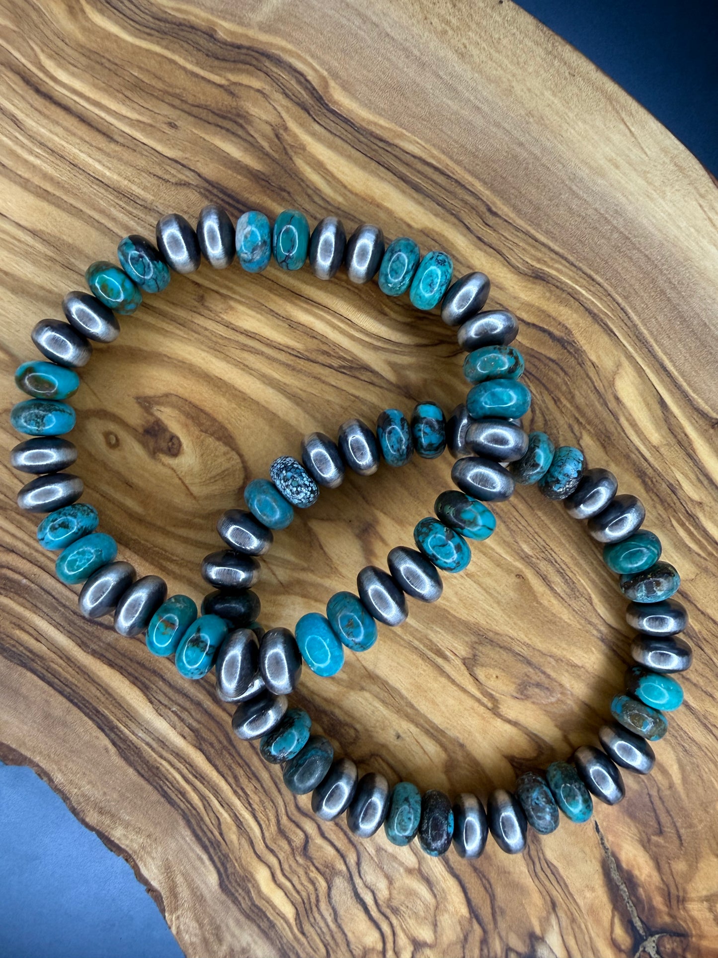 Turquoise Duo and Navajo Pearl Saucer Stretch Bracelet