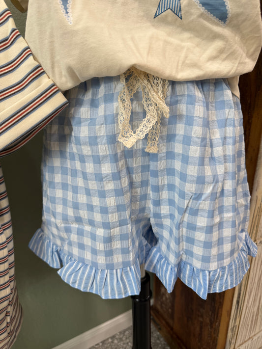 Blue Gingham Ruffle Shorts
