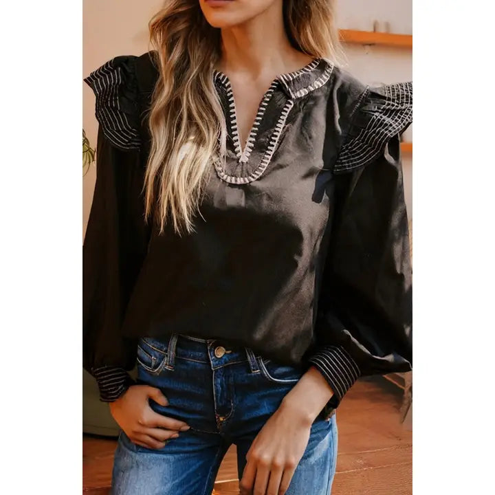 Black Ruffle Sleeve Stitched Top