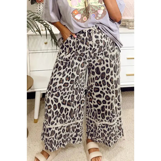 Khaki Leopard Wide Leg Cropped Pants
