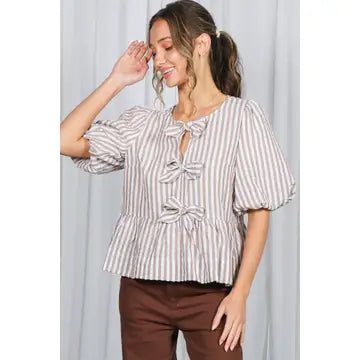 Tie Striped Puff Sleeve Blouse