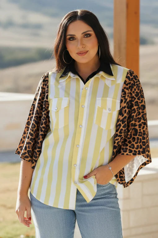 Yellow & Cheetah Pearl Snap Button Top